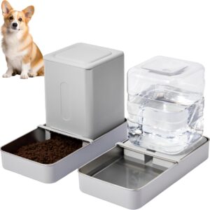 Vealind Automatic Pet Feeder Dispenser Set 2 PCS - 3.8L Dogs Water Dispensers and Food Bowls with Stainless Steel Bowl Large Drinking Bottles for Cats and Dogs