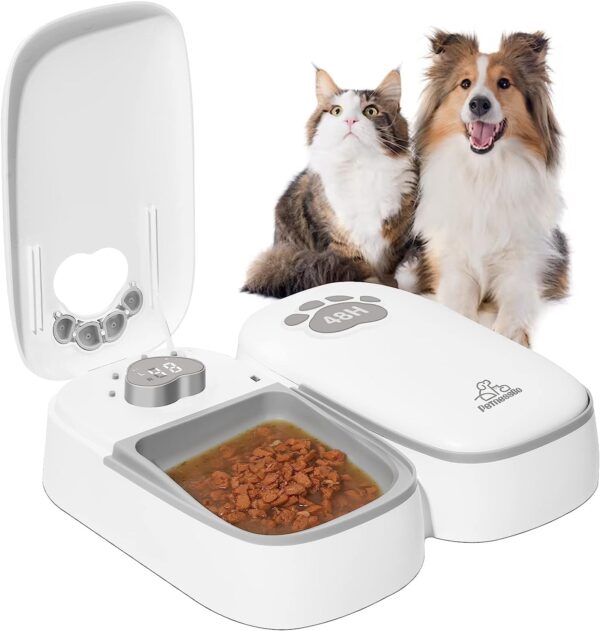 ZMAYPLUS Automatic 2 Meal Feeder, Timed Feeder for Cats and Dogs with Display, Dry or Semi-Wet Food Dispenser, 1-48 Hours with Automatic Feeder