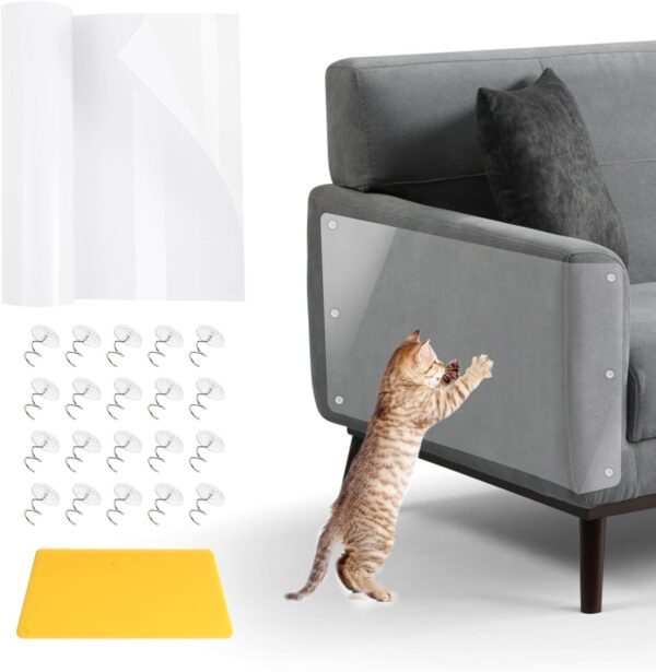 Anti Scratch Cat Furniture Protectors,Sofa Protectors from Pets Dog,Self Adhesive Transparent Single Side Couch Protector with 20 Pins for Couch,Carpet,Doors