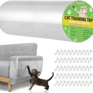 Lewondr Anti-Scratch Cat Scratching Deterrent Tape, 15.74x118 inches Transparent Clear Cat Scratch Furniture Protector, Single Side Cat Scratch Training Tape with 50 Pins for Couch,Carpet,Doors