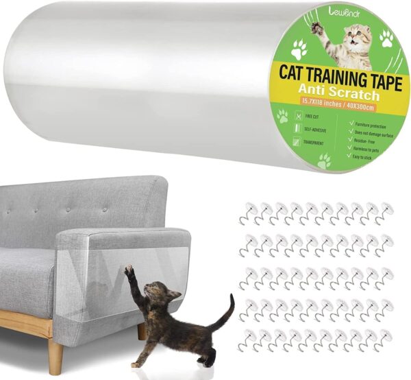 Lewondr Anti-Scratch Cat Scratching Deterrent Tape, 15.74x118 inches Transparent Clear Cat Scratch Furniture Protector, Single Side Cat Scratch Training Tape with 50 Pins for Couch,Carpet,Doors