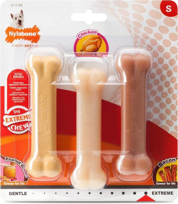 Nylabone Extreme Tough Dog Chew Toy Bones, Peanut Butter, Chicken, Bacon Flavoured, 3-Piece, Small, For Dogs Up To 11 kg