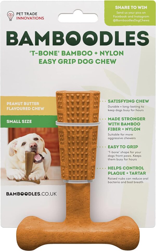 Bamboodles T-Bone Chew Toy for Dogs - Small 4" Peanut Butter Flavour, for All Breed Sizes