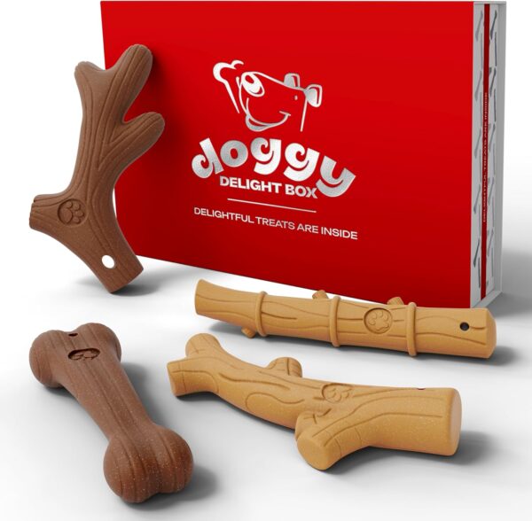 Design Shed Dog Chew Toys 4 Piece, Wood Sawdust Durable Dog Chew Toy Bone For Aggressive Chewers With Real Beef And Bacon Flavor, Bones For all Small to Medium dog Breed