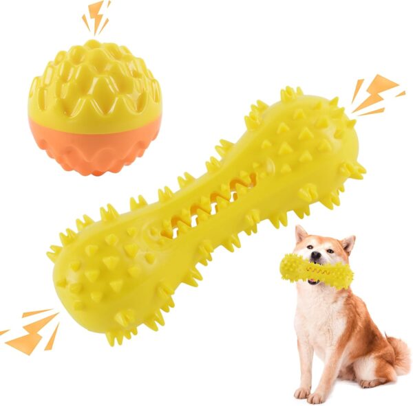 GOHHME Dog Chew Toys, Tough Dog Toys Indestructible, Squeaky Toys Bone & Ball 2 Count, Dog Teething Toys for Dog Teeth Cleaning, Girfs for Small and Medium Dogs (Yellow)