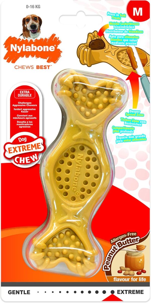 Nylabone Extreme Tough Dog Chew Toy Bone, Fill with Favourite Treats, Peanut Butter, M, for Dogs Up to 16 kg