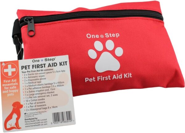 One Step Pet Travel First Aid Kit, Includes 28 Premium Items, Tick Remover, Syringe, Bandages, Wipes, Travel Sized First Aid For Dogs, Cats and all Other Pets