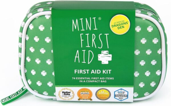 Mini First Aid Kit - 74 Items Kids First Aid Kit Includes Plasters, Bandages, Scissors, Tweezers & Burn Gel – for Car, Home, Office, Travel & Camping - Ideal for Babies & Kids – As Seen on Dragons Den