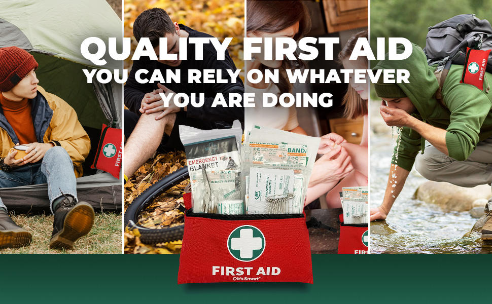 images of where you can use the first aid kit - hiking, camping etc.