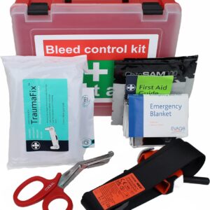 EVAQ8 Bleeding Control Kit for Critical Injury in Red First Aid Box for Traumas in Forestry Farms Workshops Includes Tourniquet and Haemostatic Dressing