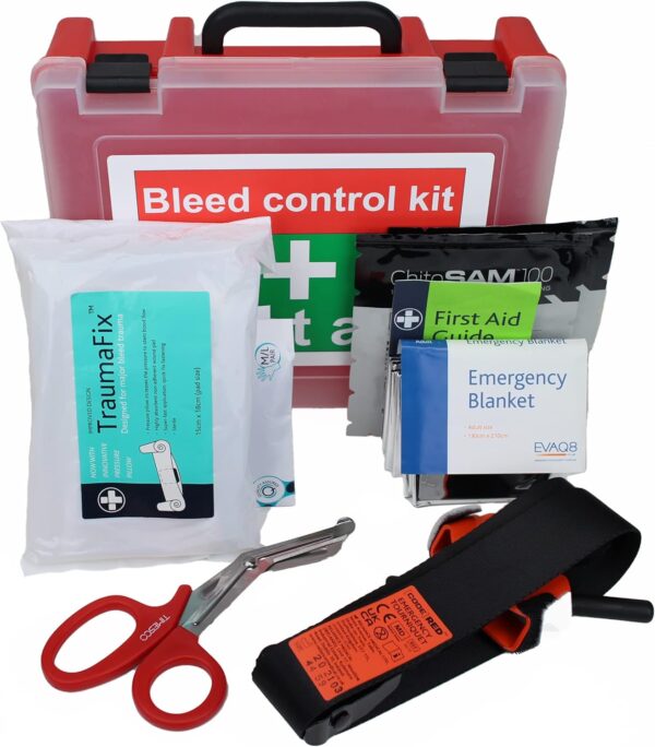 EVAQ8 Bleeding Control Kit for Critical Injury in Red First Aid Box for Traumas in Forestry Farms Workshops Includes Tourniquet and Haemostatic Dressing