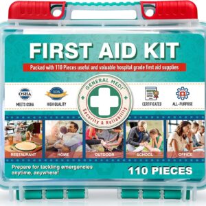 General Medi 110 Pieces Small First Aid Kit - HardCase First Aid Box - Contains Premium Medical Supplies for Travel, Home, Office, Vehicle, Camping, Workplace & Outdoor