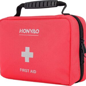 HONYAO® First Aid Kit 220 Pcs, First Aid Bag with Premium Waterproof Nylon Shell, Medical Kit for Home Workplace Car School Outdoor Camping, Includes Plasters, Cold Pack, Emergency Blanket etc. Red