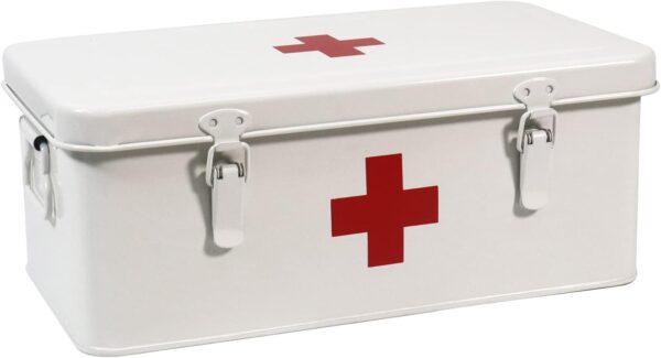 Xbopetda First Aid Medicine Box, First Aid Kit Supplies Bin, Metal Medicine Storage Tin, First Aid Empty Box with Safety Lock for Home Emergency Tool Set-White