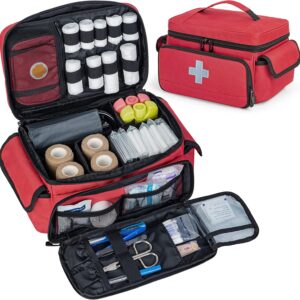 CURMIO Small First Aid Bag Empty, Family First Aid Kit Organiser Case with Mini Travel Medicine Pouch, Medicine Storage Bag for Home and Travel, Red (Patent Pending)