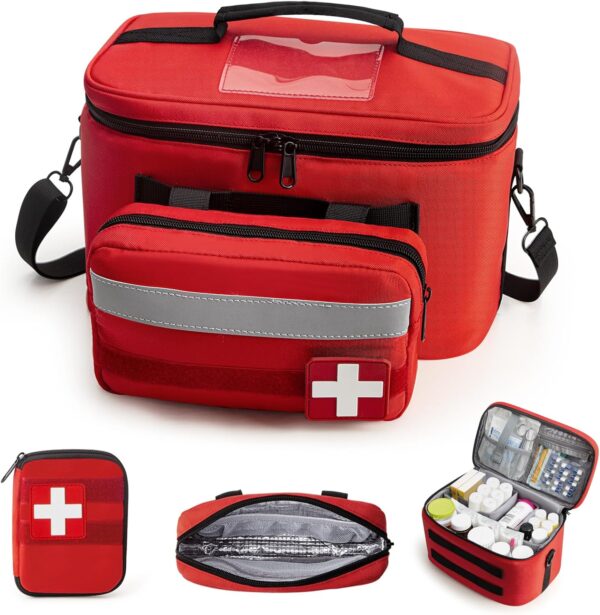 CITYCHASE Medicine Organizer Bag, Emergency First Aid Kit, Empty Medical Storage Bag Refill, First Aid Bag Carry Adjustable Shoulder Strap, Travel 1st Aid Kit, Home Medication Responder Case Red