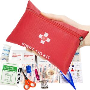 Mini First Aid Kit, 96 Pieces Small Emergency Equipment First Aid Kit with Emergency Whistle, Multifunctional Card for Travel Car, Home, Office, Sports, Camping, Workplace & Outdoor Red