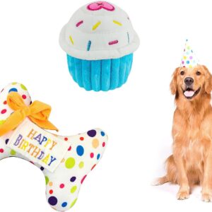 Andiker 2 PCS Dog Birthday Cake Toys, Plush Cake Bone Squeaky Toy, Pet Interactive Chew Toy for Small Medium Large Dog Cats Happy Birthday Gift (bone)