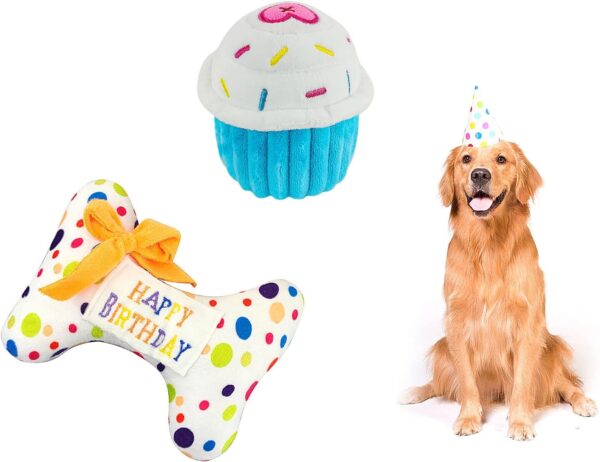 Andiker 2 PCS Dog Birthday Cake Toys, Plush Cake Bone Squeaky Toy, Pet Interactive Chew Toy for Small Medium Large Dog Cats Happy Birthday Gift (bone)