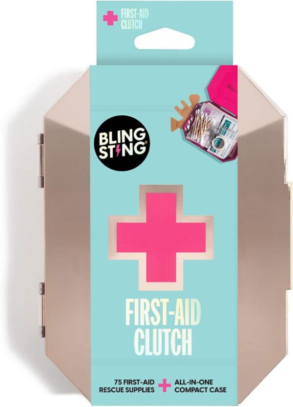 BLINGSTING First AID KIT - Rose Gold Clutch with 75 Essential Medical Supplies, Mini Compact Safety Emergency Case for Tra.