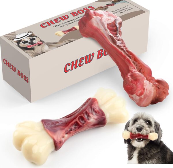 CHEW BOSS Tough Dog Toys - 2 Pack Indestructible Dog Toys for Aggressive Chewers, Beef Flavour Non-Toxic Natural Rubber/Nylon, Chew Resistant Tough Dog Toys for Boredom. Dog Chew Bones.