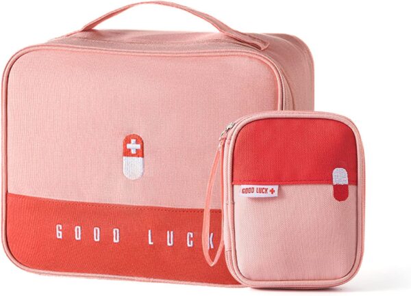 Jodimitty 2PCS First Aid Kit Bag, Empty Medicine Bag, Portable Travel First Aid Kits Pouch for Holiday, Medical Bag for Travel Home Outdoor Camping Office Workplace (Red Pink, Large+Small)