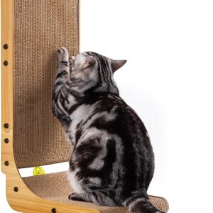 L Shape Cat Scratcher, Poils bebe Cat Scratchers for Indoor Cats, Protecting Furniture Cat Scratch Pad, Cardboard Cat Scratching with Ball Toy, Catnip, 26.8 inches, Large