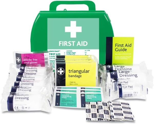 LEWIS-PLAST Premium Small 1-10 Persons Polypropylene First Aid Box - Complete with Integrated Carry Handle and Unique Flip-up Wall Mounting System - Meets Health & Safety Executive Guidelines