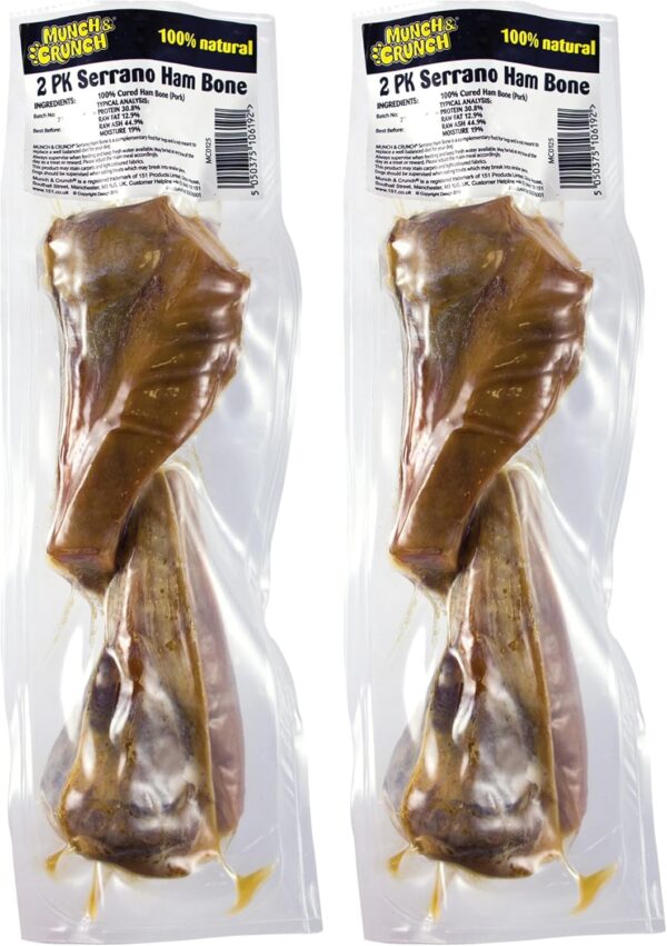 Munch & Crunch Serrano 2 Pack Ham Bone | Large Serrano | Chew 100% Natural Cured Bones Treat for Dogs | Long Lasting | 4 Single bones |