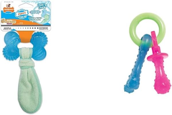 Nylabone Puppy Dog Teething Chew Toy Pacifier, Bacon Flavour, for Puppies Up to 7 kg & Puppy Teething Chew Toy Freezer Bone with Soothing Cloth, Peanut Butter Flavour, S, for Puppies Up to 11 kg
