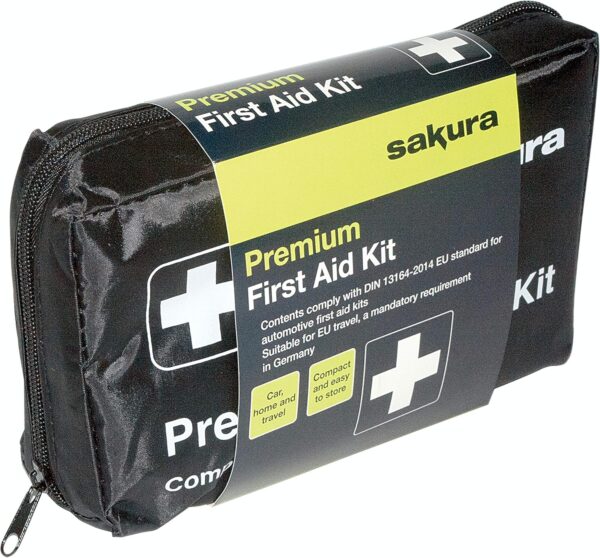 Sakura DIN First Aid Kit SS5418 - Zipped Bag, Comprehensive Kit Ideal for EU Travel - Meets EU Automotive Standards