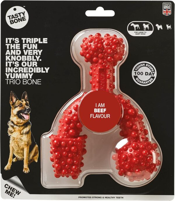 TastyBone TrioBone Nylon Dog Chew Toy for Large Dogs (Beef) - Indestructible for Aggressive Chewers, Everlasting Flavour, Strong Healthy Teeth, Made in the UK