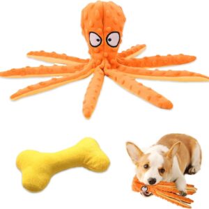 ZWZNBL 2 Pack Squeaky Dog Toys No Stuffing Octopus Chew Boredom Interactive Plush Crinkle Paper Small Medium Dogs Puppy Pets Training Durable Teething Playing Set Animals Built-in Bones